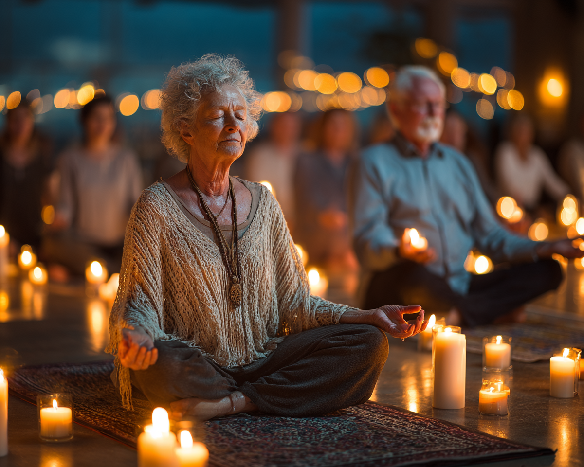 Adultos mayores practicando yoga en un ambiente sereno